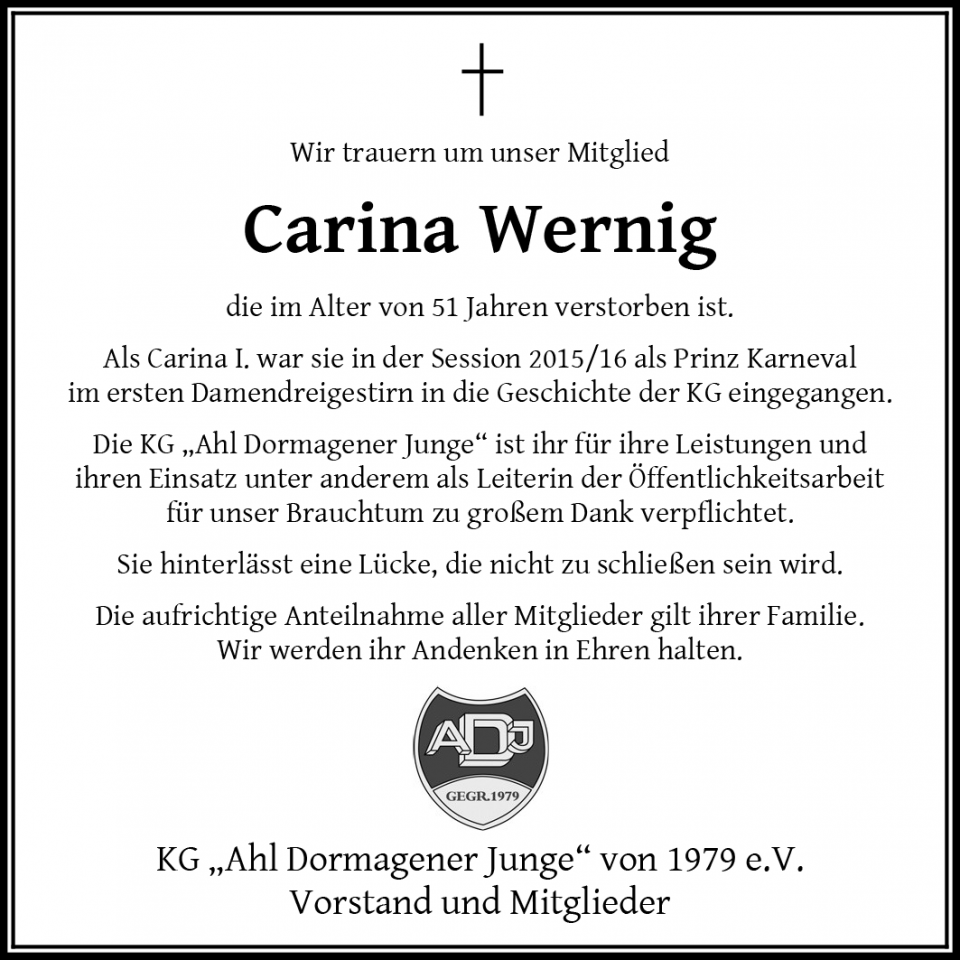 Traueranzeige Carina Wernig